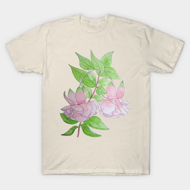 Pink fuchsia flowers with leaves floral T-Shirt by pollywolly